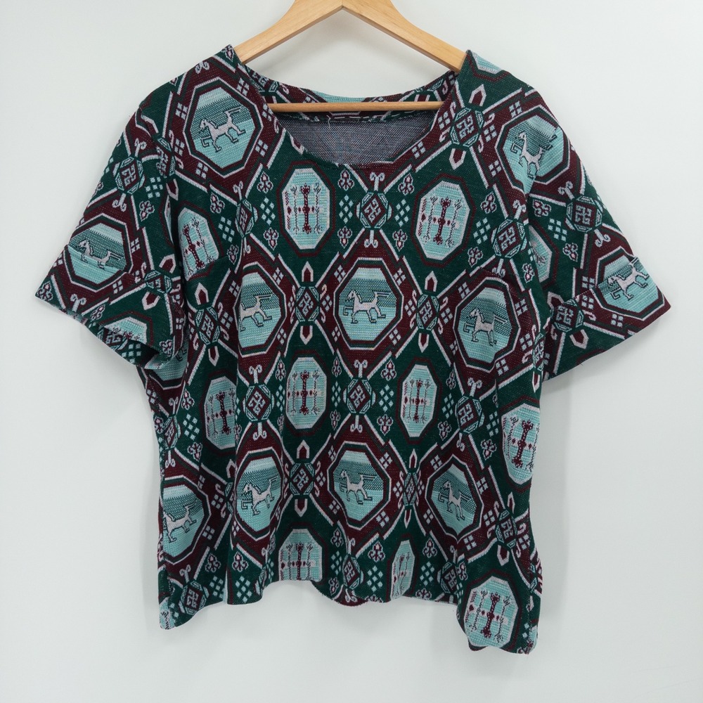 Crew Neck Patterned Sweater Top in Teal and Burgundy